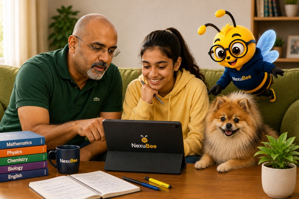 Father and daughter learning together at home with NexuBee on a tablet — calm, supported study time